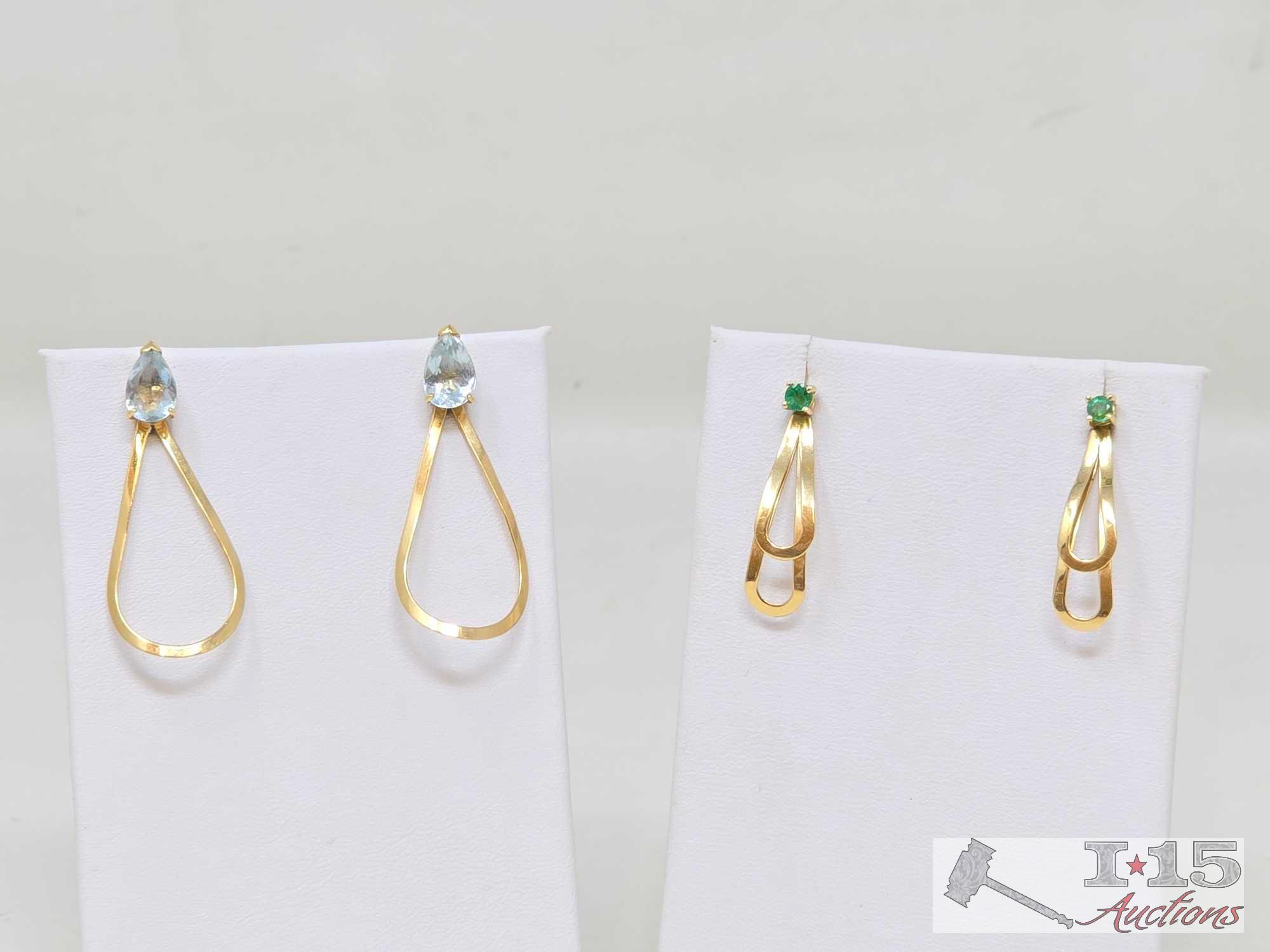 (2) 14K Gold Earrings with Chrysoprase & Aqua Stones, 4g