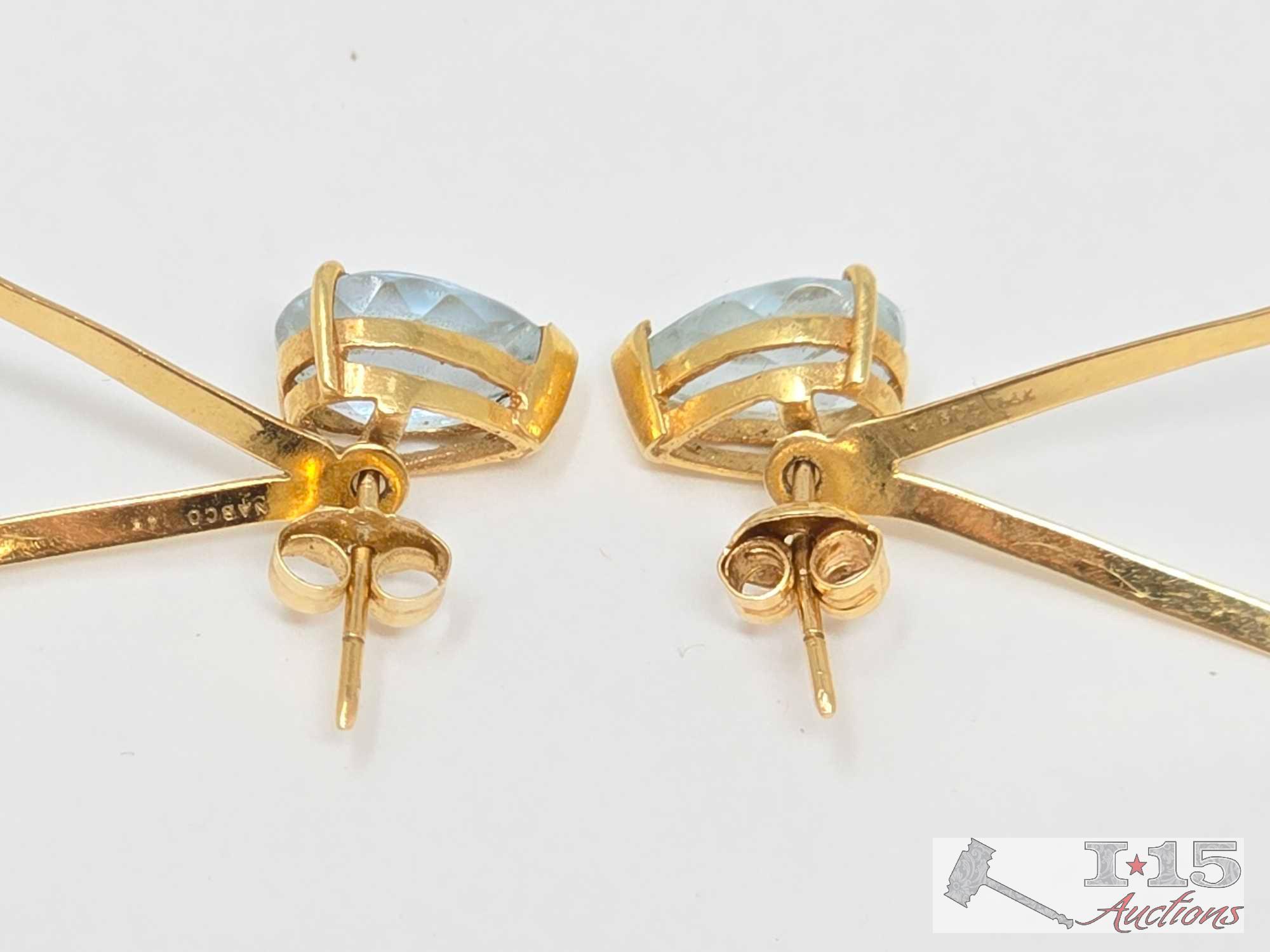 (2) 14K Gold Earrings with Chrysoprase & Aqua Stones, 4g