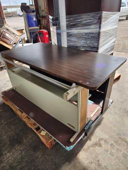 (3) Wooden Desks, (1) Dry Erase Bulletin Board