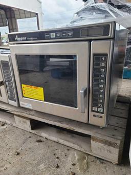(2) Amana Commercial Microwave Ovens, (1) Plastic 2-Tier Cart