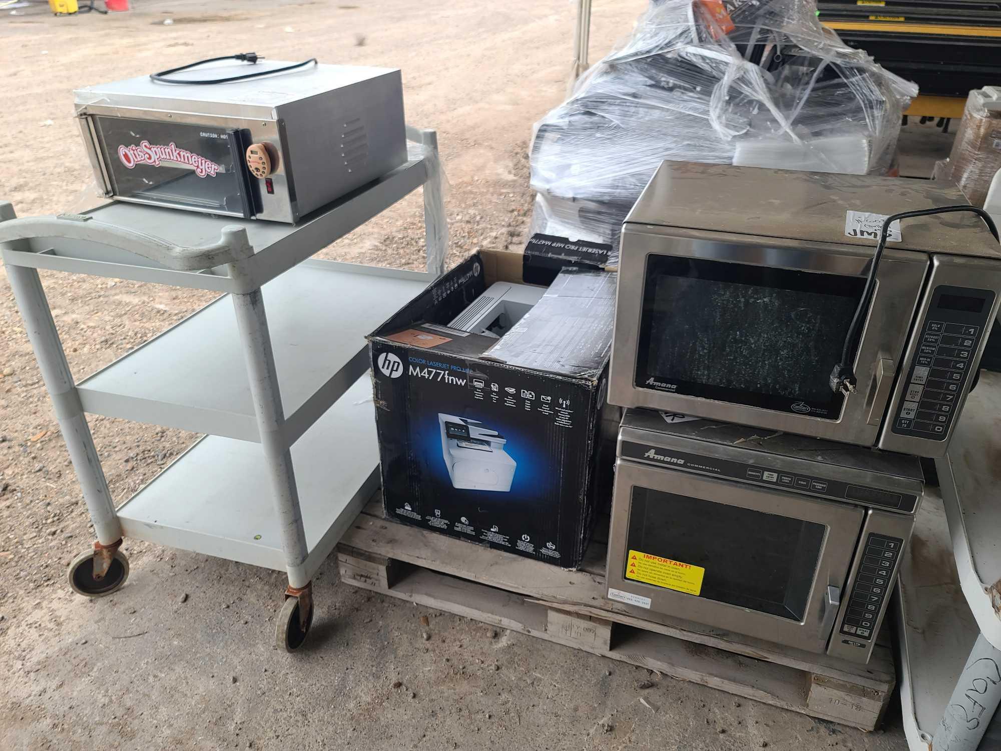 (2) Amana Commercial Microwave Ovens, (1) Plastic 2-Tier Cart