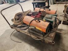 Group of Misc. Rollaround Cart, Propane Heaters, Battery Chargers, Ext. Cords, Gardening tools