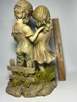 "Friendship" Molded Resin Girl & Boy with Bird Garden Statue