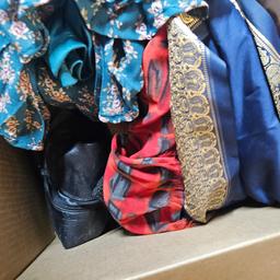 Box Lot of Assorted Costume Clothing and Fabric