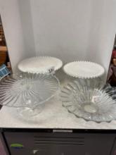 Two Spanish lace milk glass cake stands, one clear, glass cake, stand, and a glass bowl