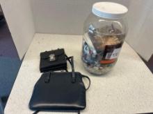vintage purse and wallet and jug of antique buttons