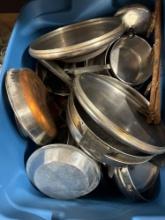 large tote and box of stainless steel pots and pans