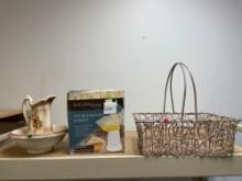 Pitcher and bowl, hot air popcorn popper, and a basket
