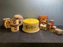 Grandma chic metal cake carrier, and other vintage tins