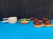 Vintage 1970s soup crocks with lids, Stangl hand painted thistle pottery, corning ware