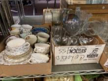 Shelf of glassware and bone china cups and saucers
