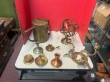 antique brass and metal sphere, Candleholders and large pitcher