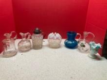 Glass creamers, syrups, vases