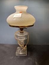 Hurricane lamp with white milkglass hobnail shade, and clear glass bottom