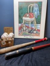 two wooden T-ball bats 10 safety , play ball wall hanging