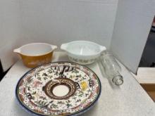 Two pyrex bowls, a Portugal bowl and a glass rolling pin
