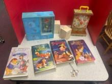 Walt Disney movies, Ariel jewelry cabinet, cherished teddies, collectibles and Fisher-Price musical
