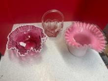 Fenton cranberry glass. ruffled milk bowl, ruffled crystal vase, and basket
