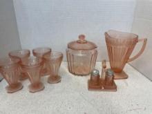 Lovely, pink depression, glass collection, Biscuit jar, Salt and pepper, Glasses and pitcher