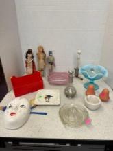Ethnic dolls, and a Batman doll, Blue tagged Fenton ruffled Dish, Other lovely pieces