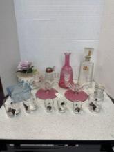 Cranberry glass, decanter and pair of candleholders, Barware and more