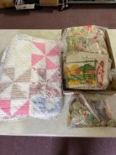 Quilt and quilt pieces also linen dish towels