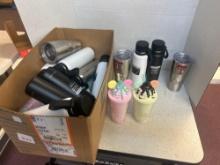large lot of insulated metal water bottles and plastic kid water bottles