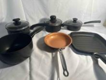 4 Pots , 1 Red Cooper Frying Pan, 1 Castamel Grill Square Frying Pan