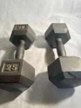 Two 25 Lb Cast Iron Hex Dumbbells