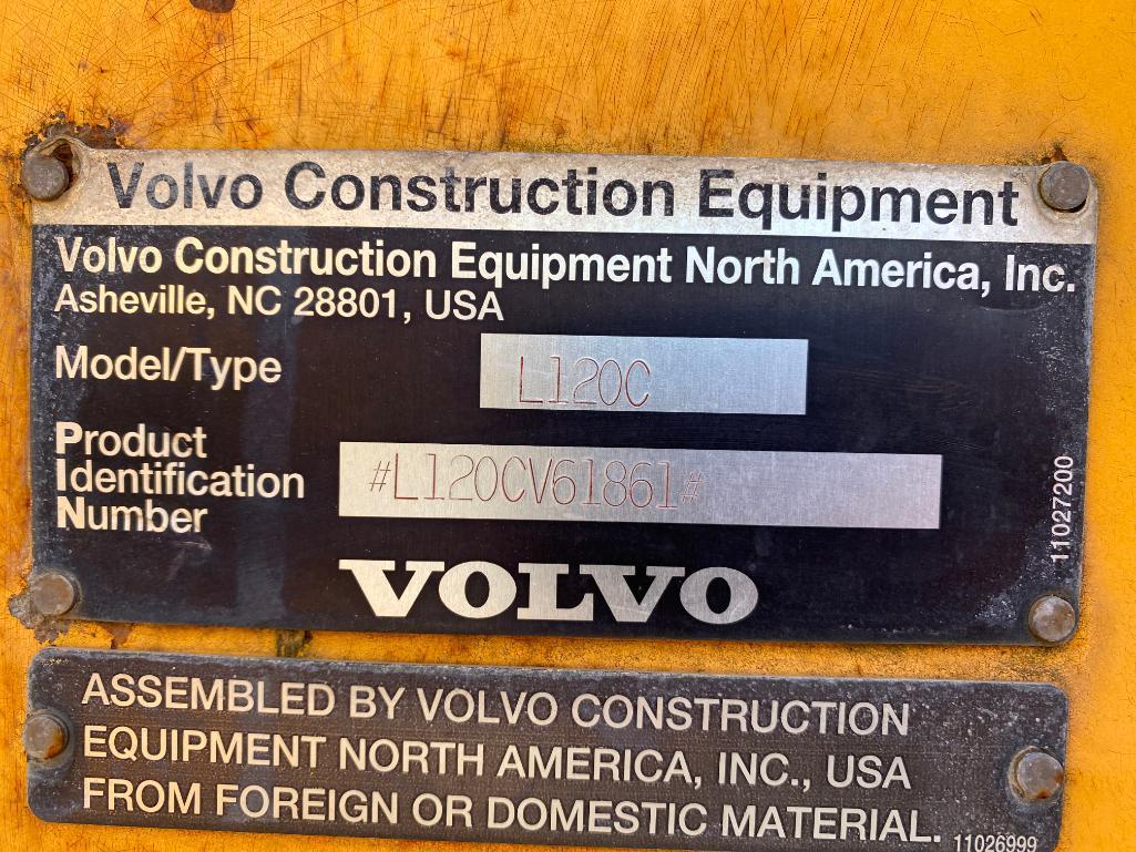 Volvo L120C Wheel Loader, Pin No. L120CV61861, 47,154 Hours, w/ Street Sweeper Attachment