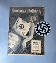 WWII Nazi German unissued DAF sports shirt insignia & 1943 "Hamburg Illustrated" Magazine