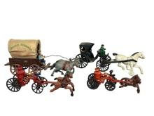Cast Iron Prairie Schooner Chewing Tobacco Wagon, 2 Cast Iron Fire Wagon with Horses &
