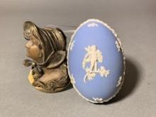 Wedgewood Blue Jasperware Egg Trinket Box & Antique Art Nouveau Paper Letter Clip