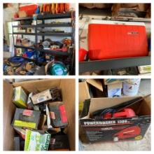 Garage Area Contents Lot - Shelving Unit, Hardware, Extension Cords, Hand Tools,