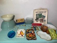 Vintage Mid-Century Kitchen Items - Stir Sticks, Refrigerator Dishes, Mixing Bowl & Bowl