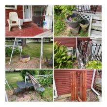 Outdoor items - fire pit, table/chairs, swing, chair etc