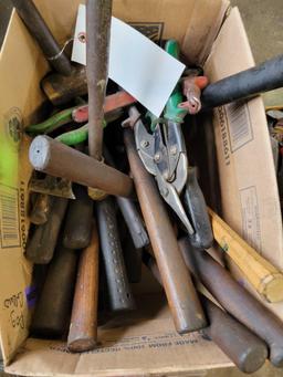 Box of hammets, snips, mallets and hand tools