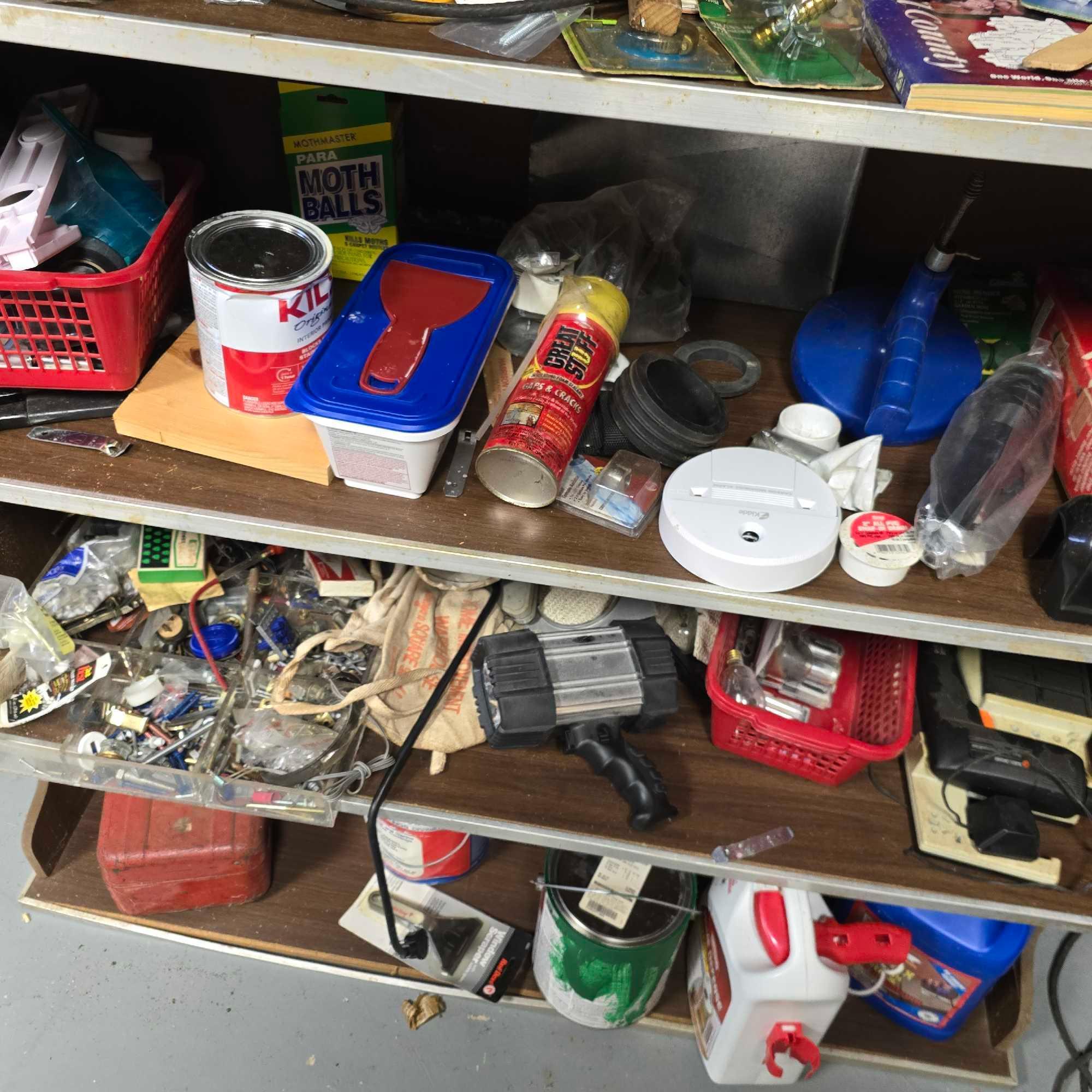 Loads of hardware, soaker kit, metal box, fluids, cleaners, misc. shop items