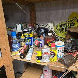 Loads of hardware, soaker kit, metal box, fluids, cleaners, misc. shop items