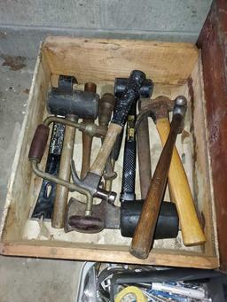 Assortment of Hammers, Hardware, & Vintage Toolbox w/ Contents