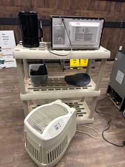 Plastic Shelf, microwave, coffee pot and humidifier
