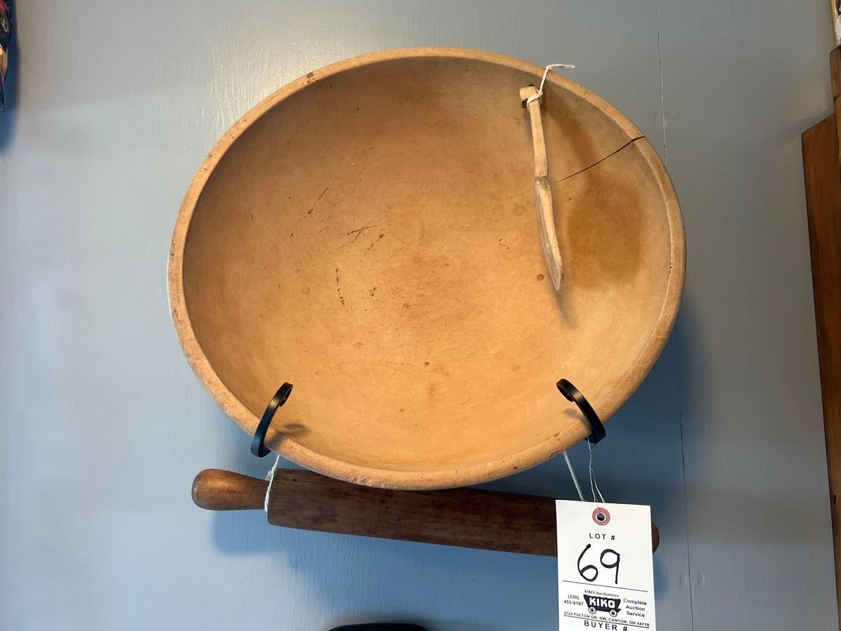 Early Wood Bowl, Paddle, Rack, Rolling Pin