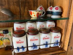 Contents on Shelf, Spice Rack, Advertising Tins, Salt and Pepper Shakers