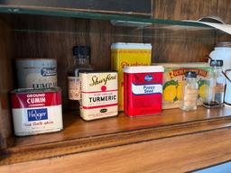 Contents on Shelf, Spice Rack, Advertising Tins, Salt and Pepper Shakers