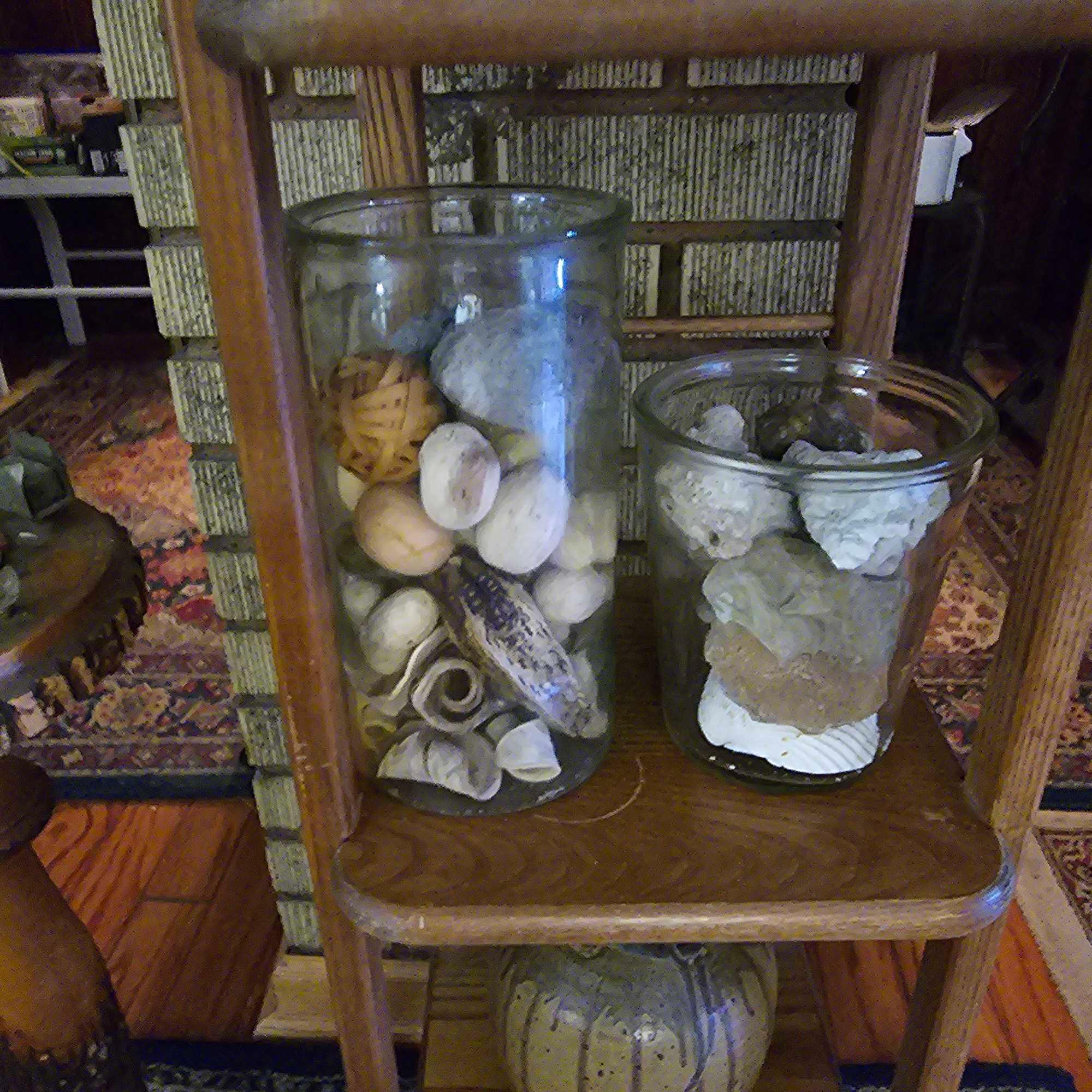 Contents of Display Shelves - Seashells, Coral Pieces, Glassware & Stoneware