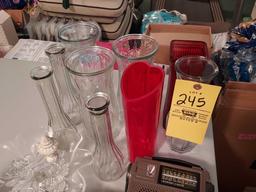 Glassware Assortment, Blue Glass Jars, Vintage Matchbooks, & Small Electronics