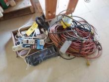 Assortment of Extension Cords, Power Strips, & Small Work Light