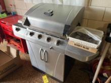 Char-Broil grill with tank, cover and grilling items