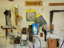 Wall Contents, 10in Saw Blades, Hardware, Handheld Crossbow, Squares, Belts, Spark Plugs, and more