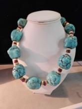 Lady's 14k yellow gold 20in long chunky Turquoise bead necklace